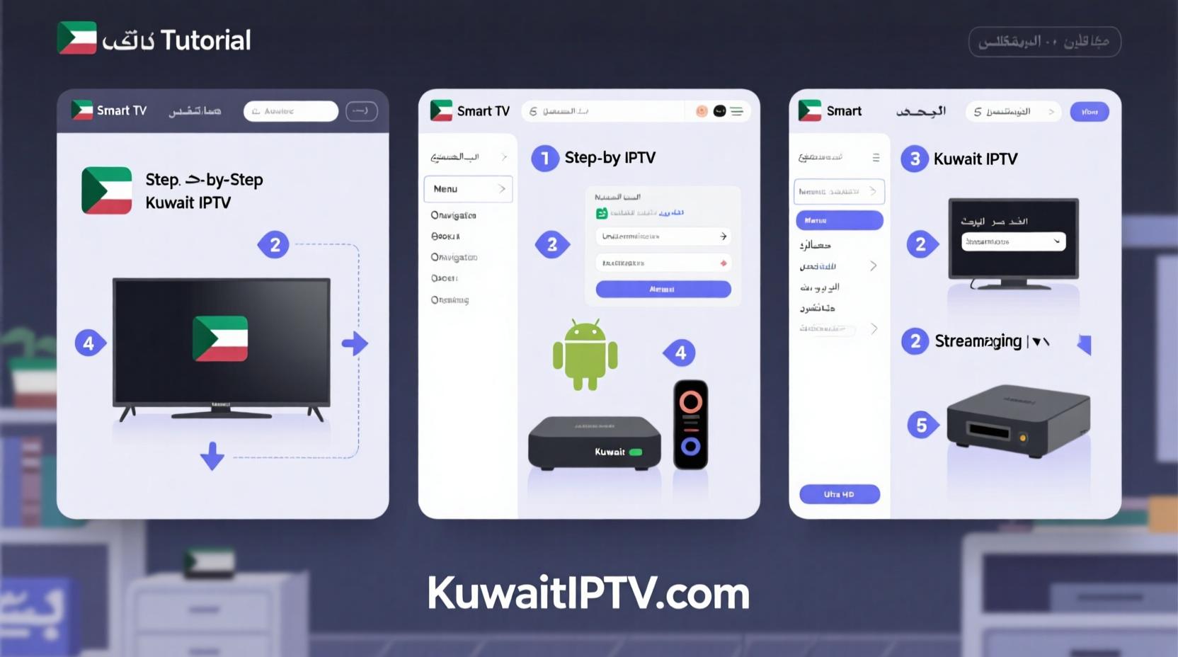 A person happily watching TV with a Kuwaitiptv.com logo subtly in the background