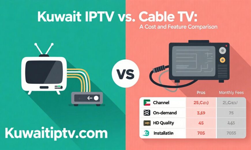 A split image showing the sleek interface of Kuwait IPTV on a smart TV versus a cluttered cable TV remote and box.