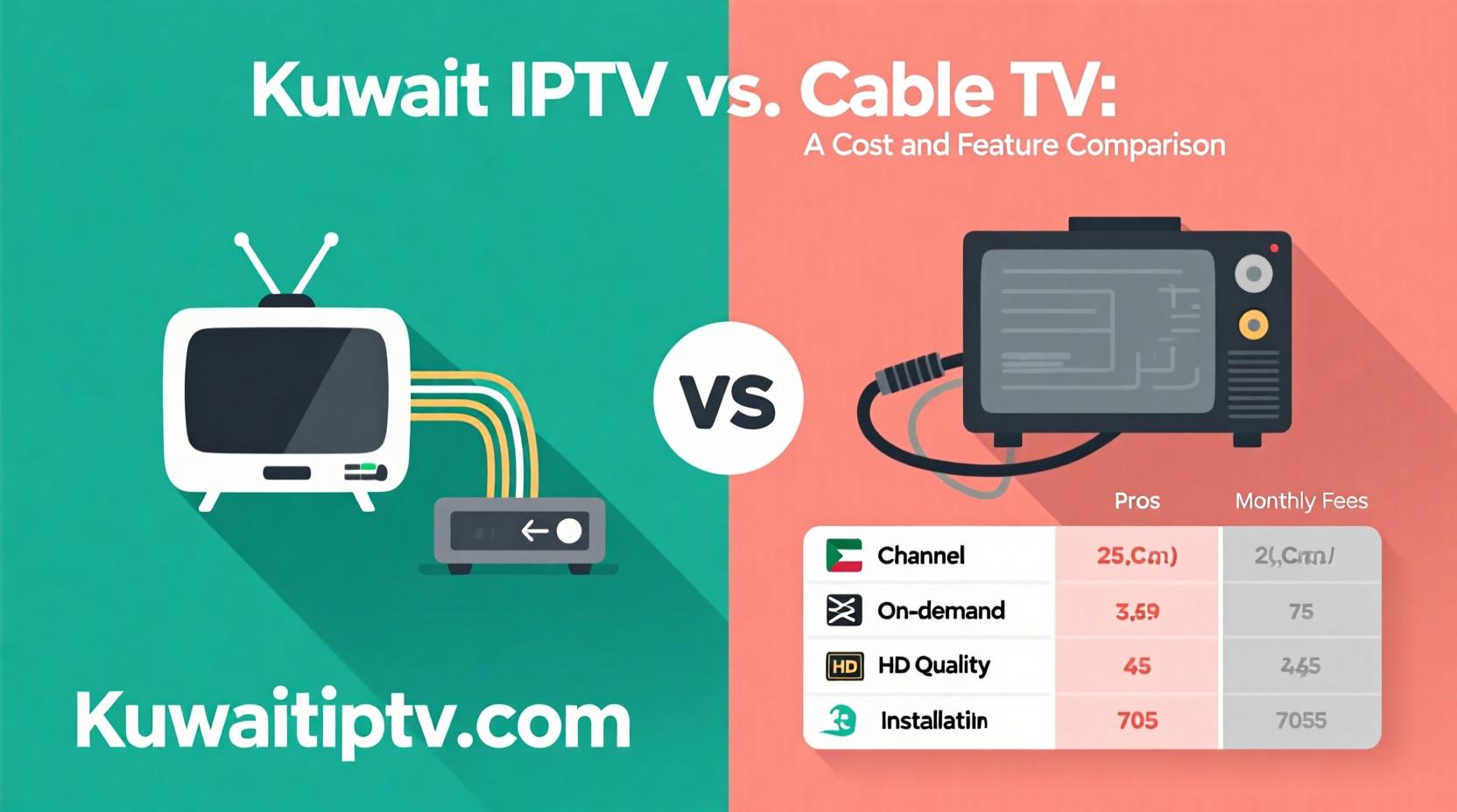 A split image showing the sleek interface of Kuwait IPTV on a smart TV versus a cluttered cable TV remote and box.